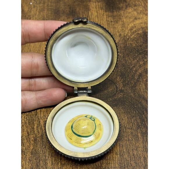 Vintage LIMOGES STYLE Yellow Hand Painted SUN HAT Trinket Box Hat W Hat Box - Picture 8 of 14